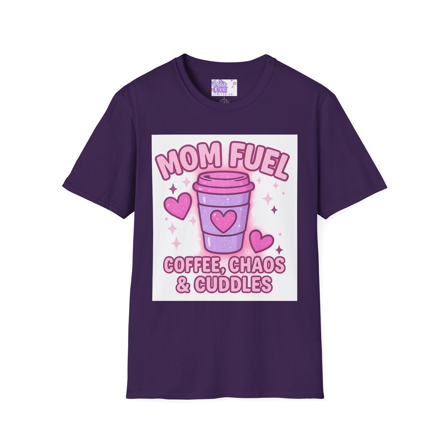 Mom Fuel T-Shirt - Coffee, Chaos & Cuddles - Fun Unisex Softstyle Glam Tee