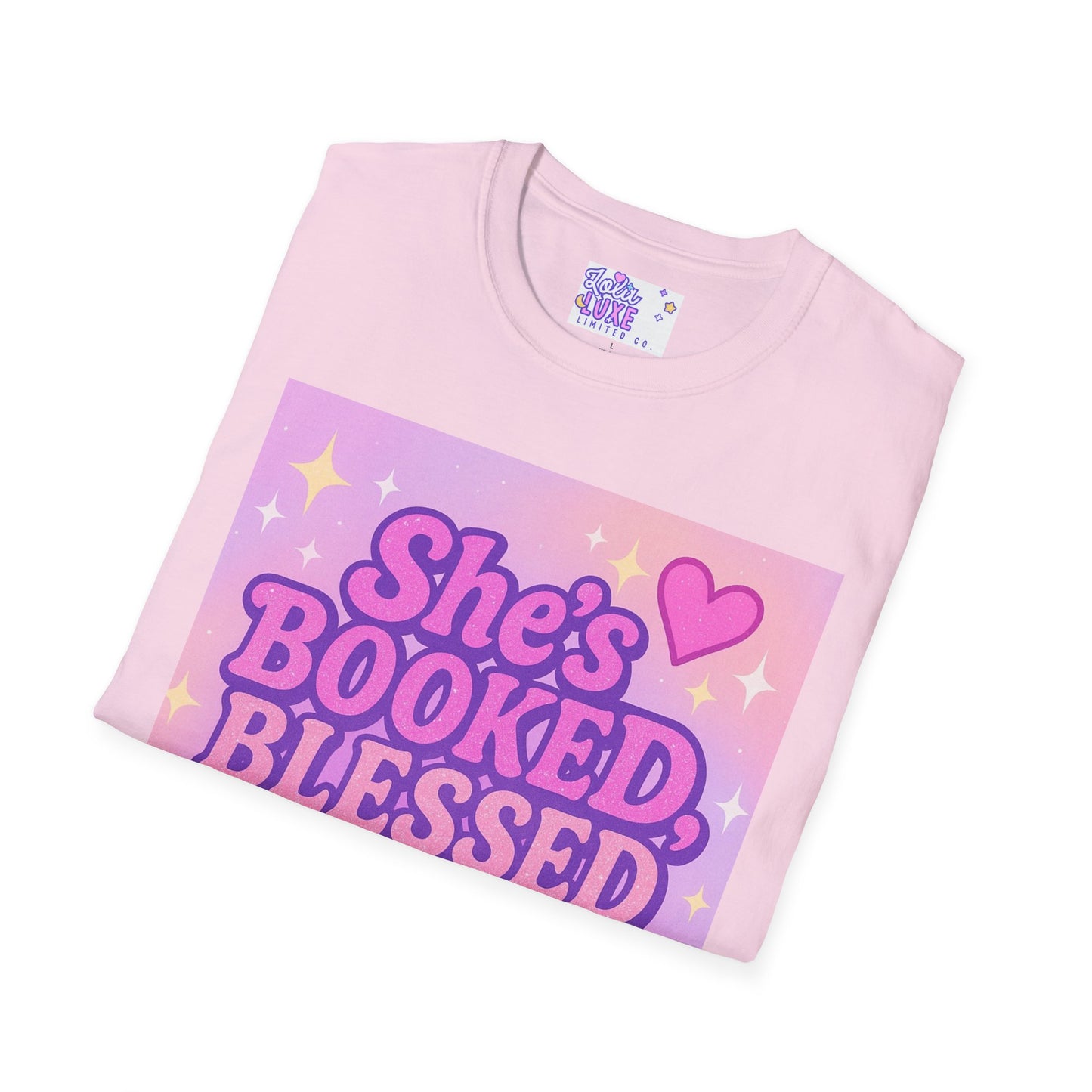 She's Booked, Blessed & Unbothered Glam Tee - Unisex Softstyle Tee for Positive Vibes