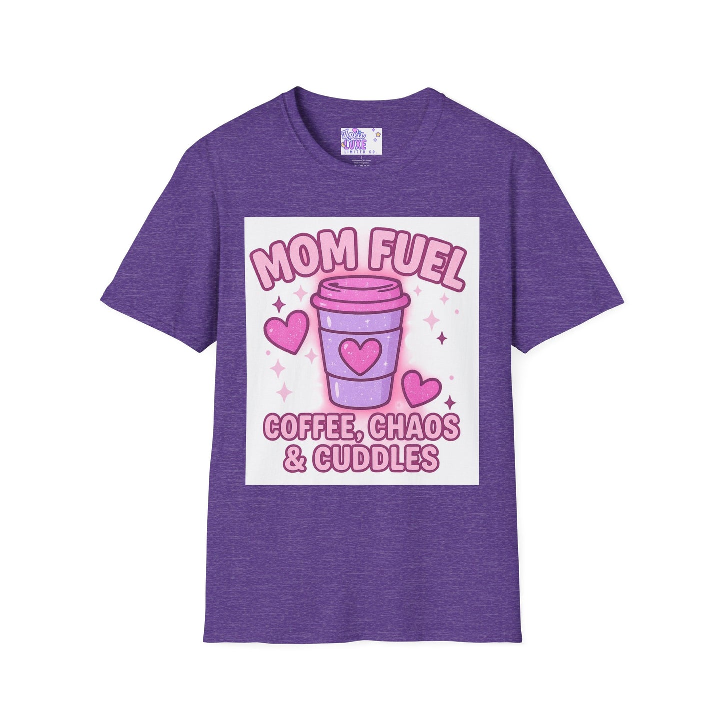 Mom Fuel T-Shirt - Coffee, Chaos & Cuddles - Fun Unisex Softstyle Glam Tee