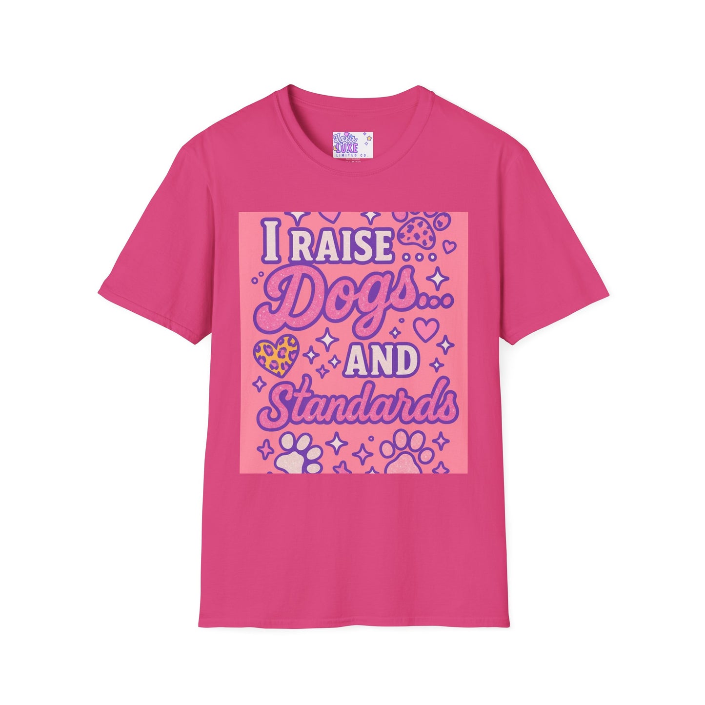 I Raise Dogs and Standards T-Shirt | Unisex Softstyle Glam Tee for Dog Lovers