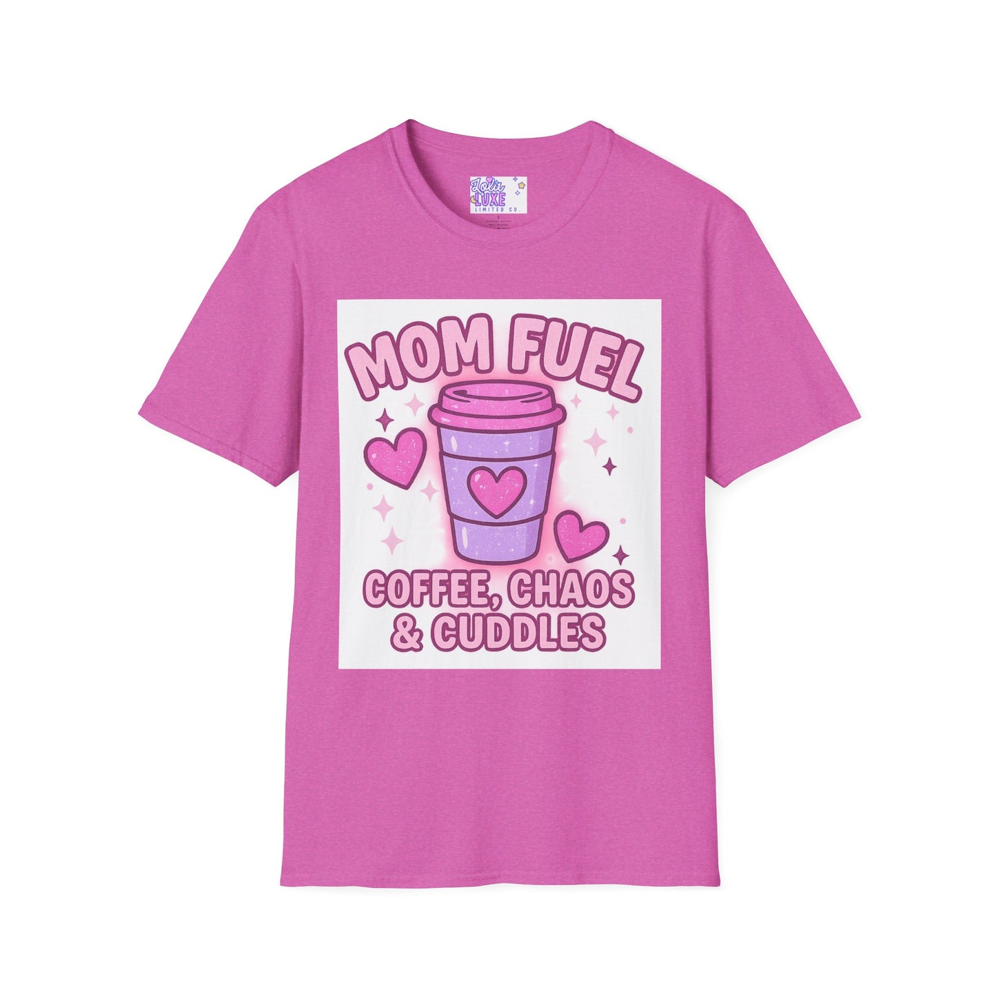 Mom Fuel T-Shirt - Coffee, Chaos & Cuddles - Fun Unisex Softstyle Glam Tee