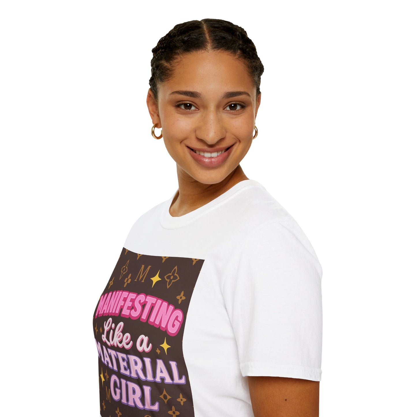 Manifesting Like a Material Girl Glam Tee| Unisex Softstyle Tee | Trendy Apparel for Manifestation Enthusiasts