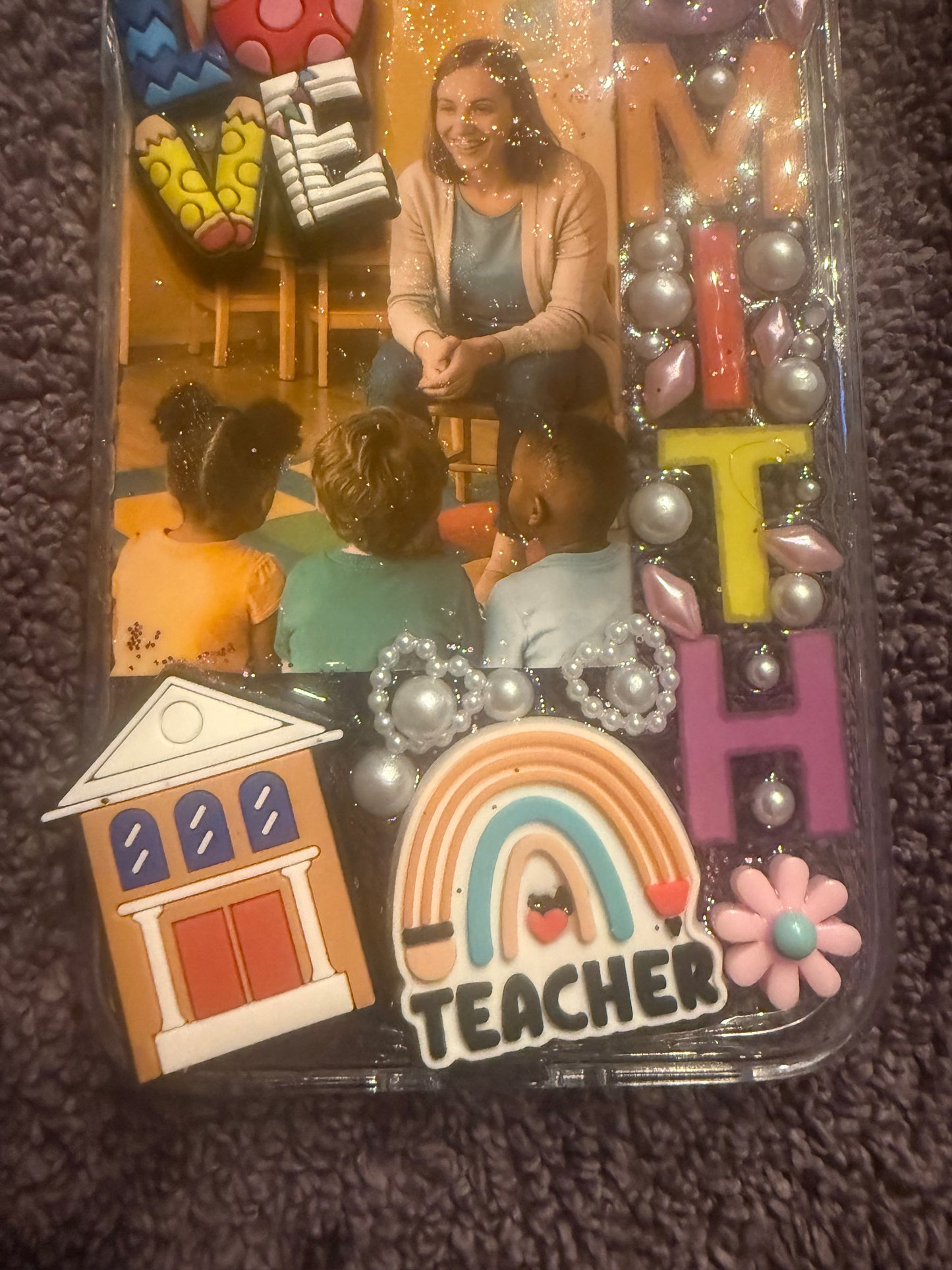 Custom Teacher Phone Case – Handmade Junk Case with Cute School Theme, Resin & Charms, Personalized for iPhone