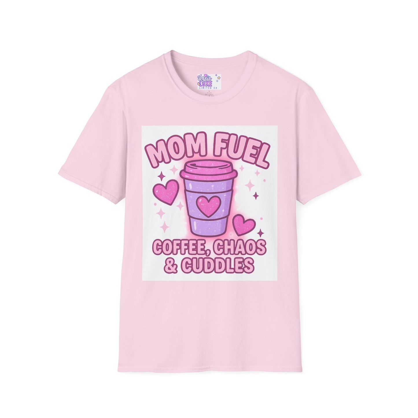Mom Fuel T-Shirt - Coffee, Chaos & Cuddles - Fun Unisex Softstyle Glam Tee