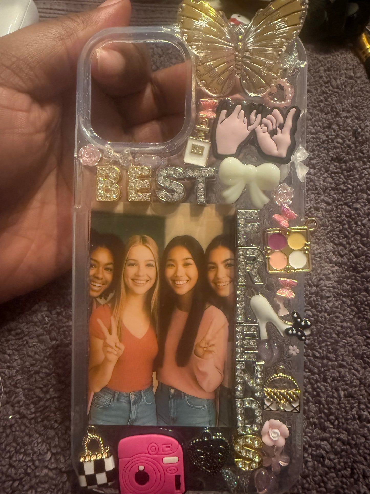 Custom Best Friends Junk Phone Case – Personalized Resin Case with Photo, Charms, Rhinestones & 3D Decor – Aesthetic iPhone Case Gift for BFFs