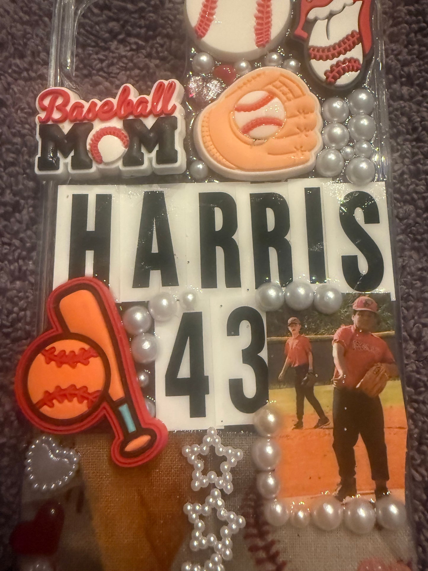 Custom Baseball Mom Phone Case – Bling iPhone Case with Player Photo, Jersey Number & Name