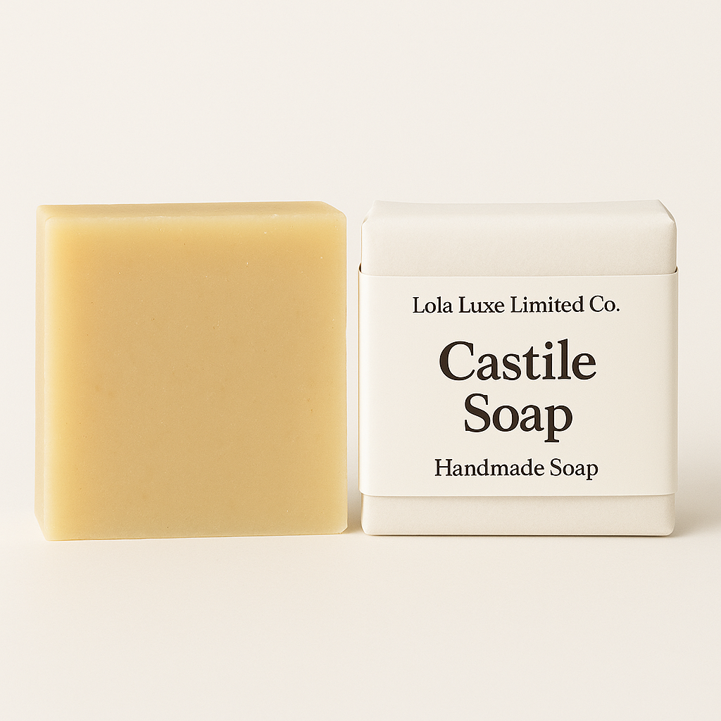 Bar of Castile soap next to its packaging with 'Lola Luxe Limited Co.' branding on a white background.