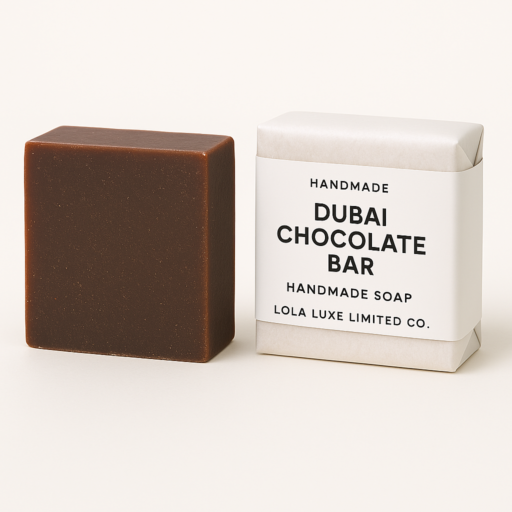 Handmade Dubai Chocolate Bar soap next to its packaging on a white background