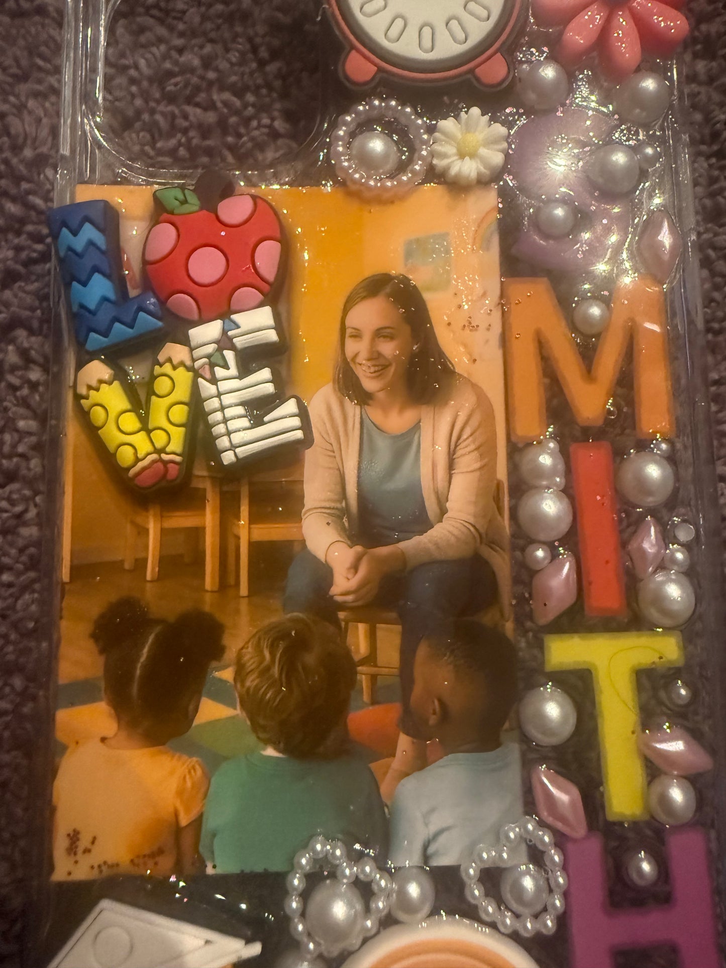 Custom Teacher Phone Case – Handmade Junk Case with Cute School Theme, Resin & Charms, Personalized for iPhone