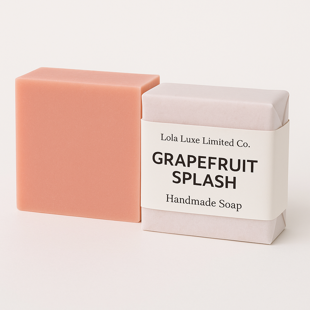 Pink handmade soap bar next to its packaging with 'Grapefruit Splash' text on a white background