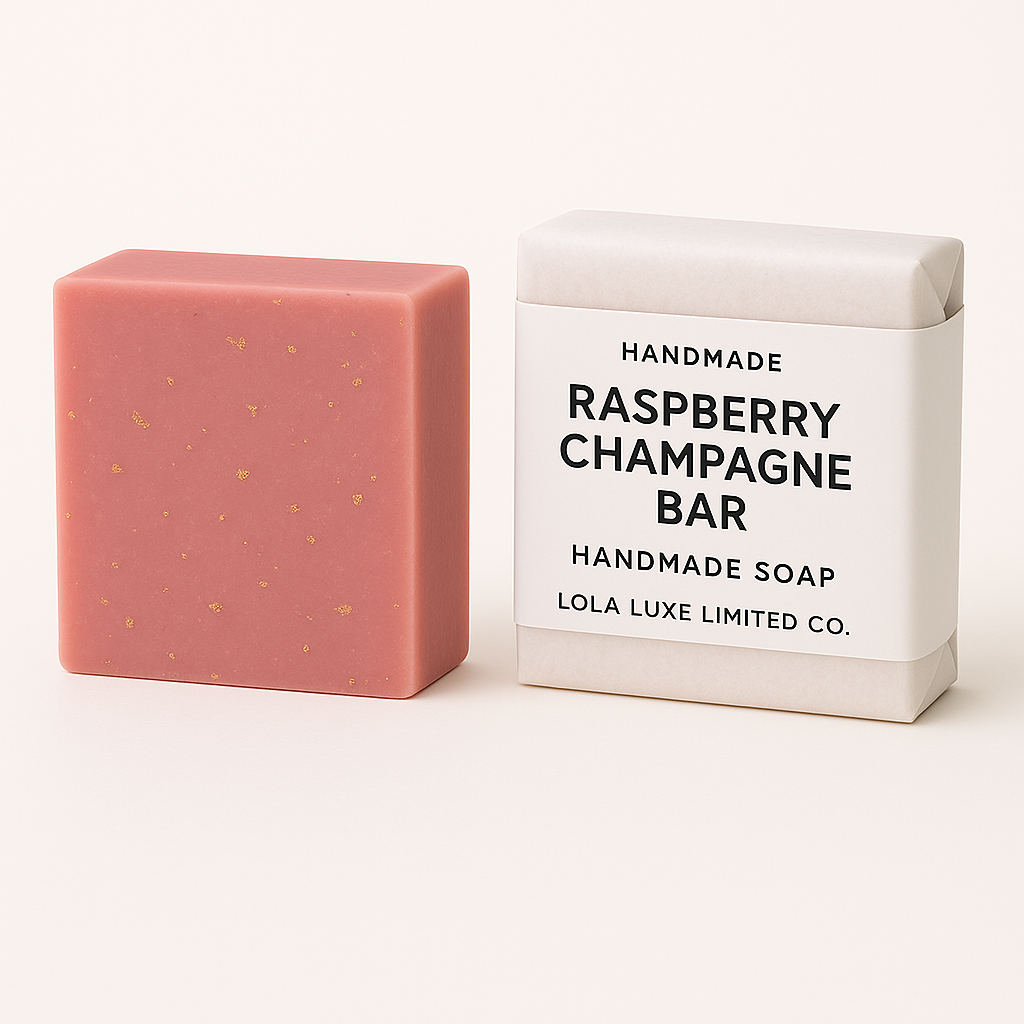 Pink handmade soap bar next to its packaging on a white background
