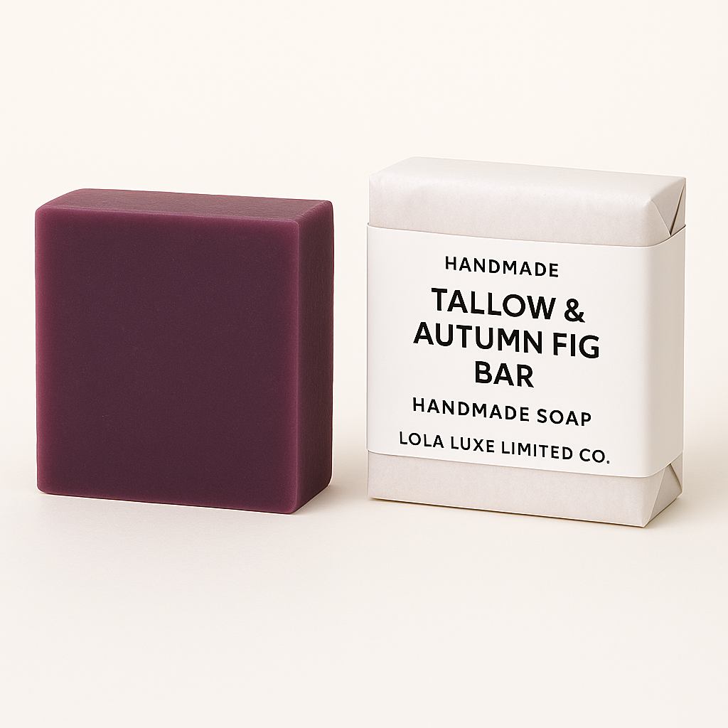 Purple handmade soap bar next to its packaging on a white background