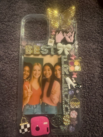 Custom Best Friends Junk Phone Case – Personalized Resin Case with Photo, Charms, Rhinestones & 3D Decor – Aesthetic iPhone Case Gift for BFFs