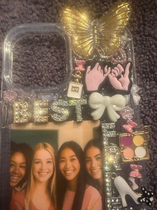 Custom Best Friends Junk Phone Case – Personalized Resin Case with Photo, Charms, Rhinestones & 3D Decor – Aesthetic iPhone Case Gift for BFFs