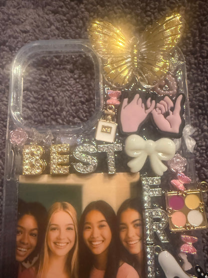 Custom Best Friends Junk Phone Case – Personalized Resin Case with Photo, Charms, Rhinestones & 3D Decor – Aesthetic iPhone Case Gift for BFFs