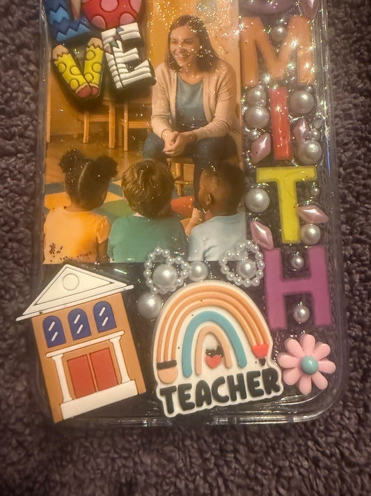 Custom Teacher Phone Case – Handmade Junk Case with Cute School Theme, Resin & Charms, Personalized for iPhone
