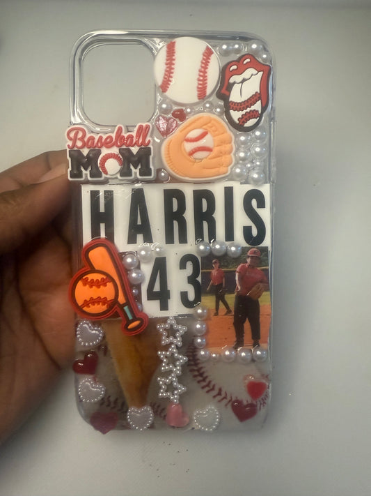 Custom Baseball Mom Phone Case – Bling iPhone Case with Player Photo, Jersey Number & Name