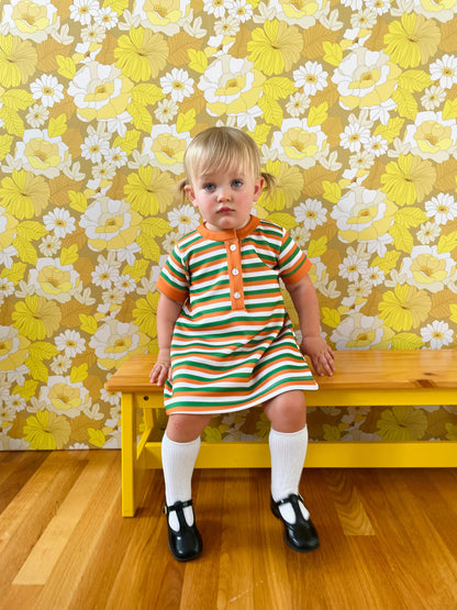 Girls Shift Dress - Green/Orange/White Stripe