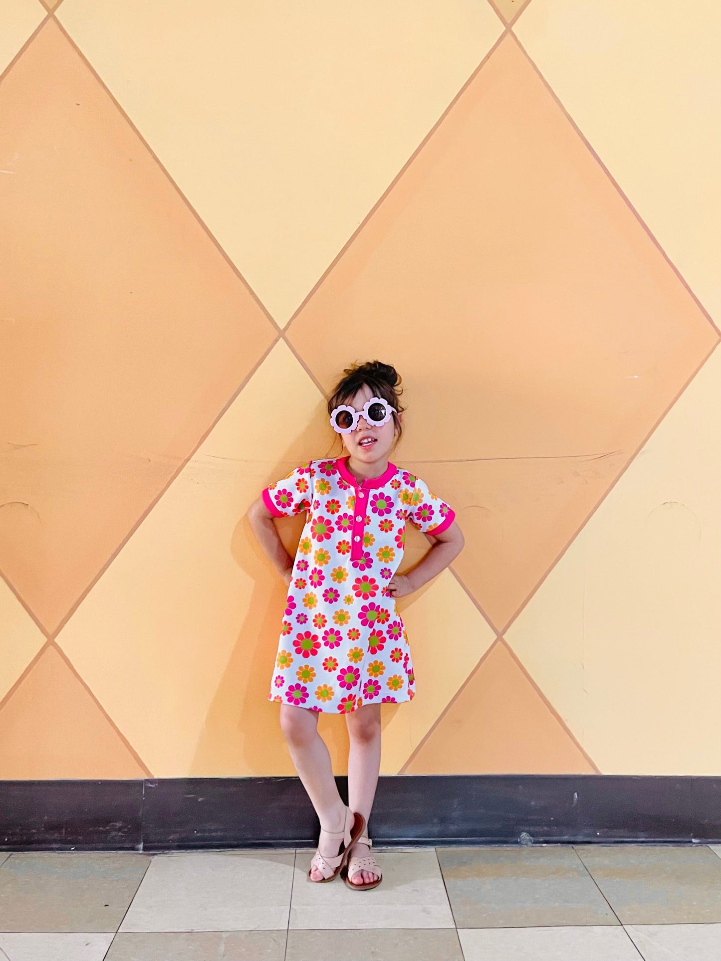 Vintage Style Girls Dress - 60s Flower Power Print