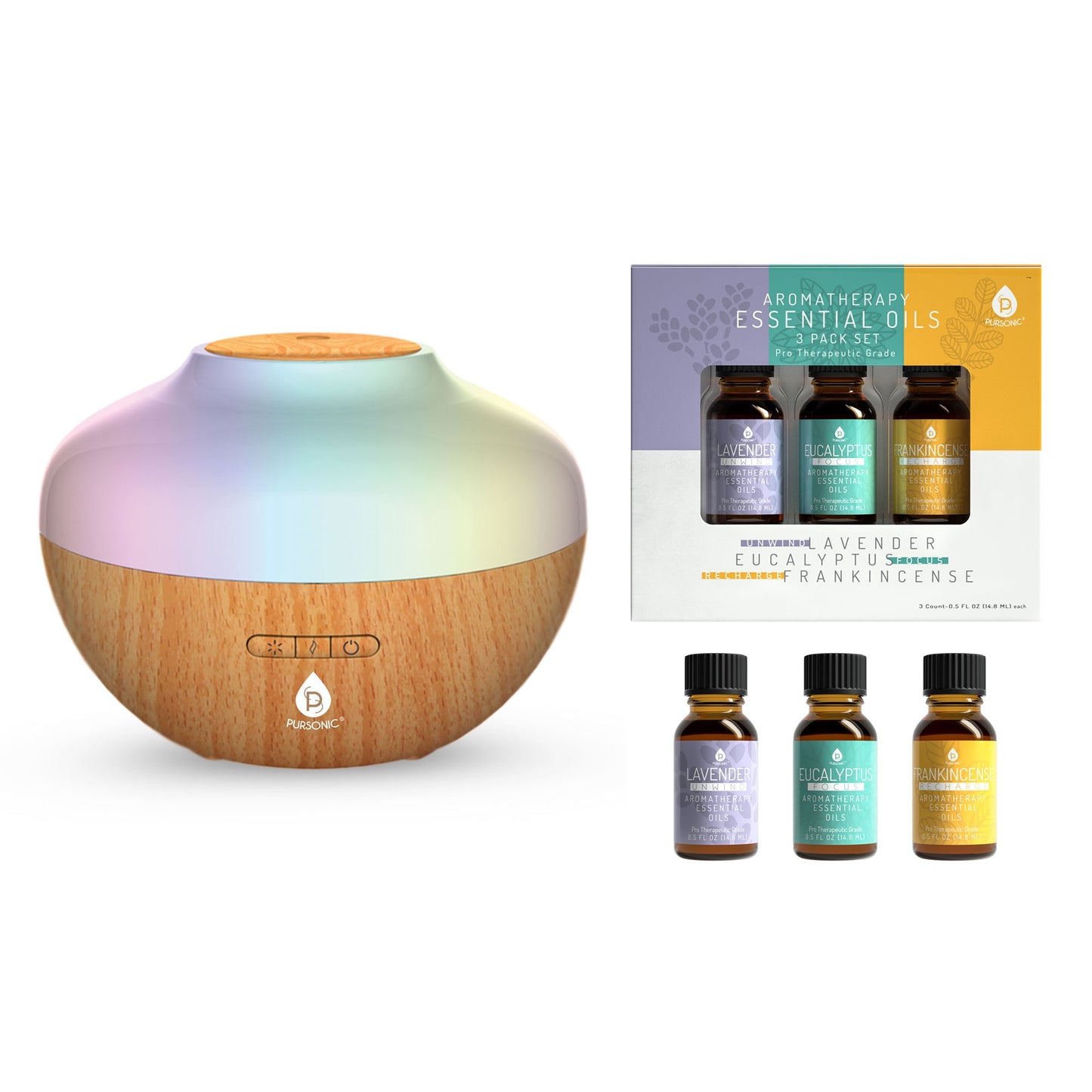 Pursonic Aromatherapy Diffuser & Essential Oil Set-Ultrasonic Top 3 Oils-300ml with 2 Mist Settings 7 Ambient Light Settings