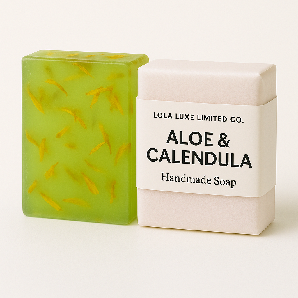 Green soap bar with yellow flecks next to a white box labeled 'Lola Luxe Limited Co. Aloe & Calendula Handmade Soap' on a white background.