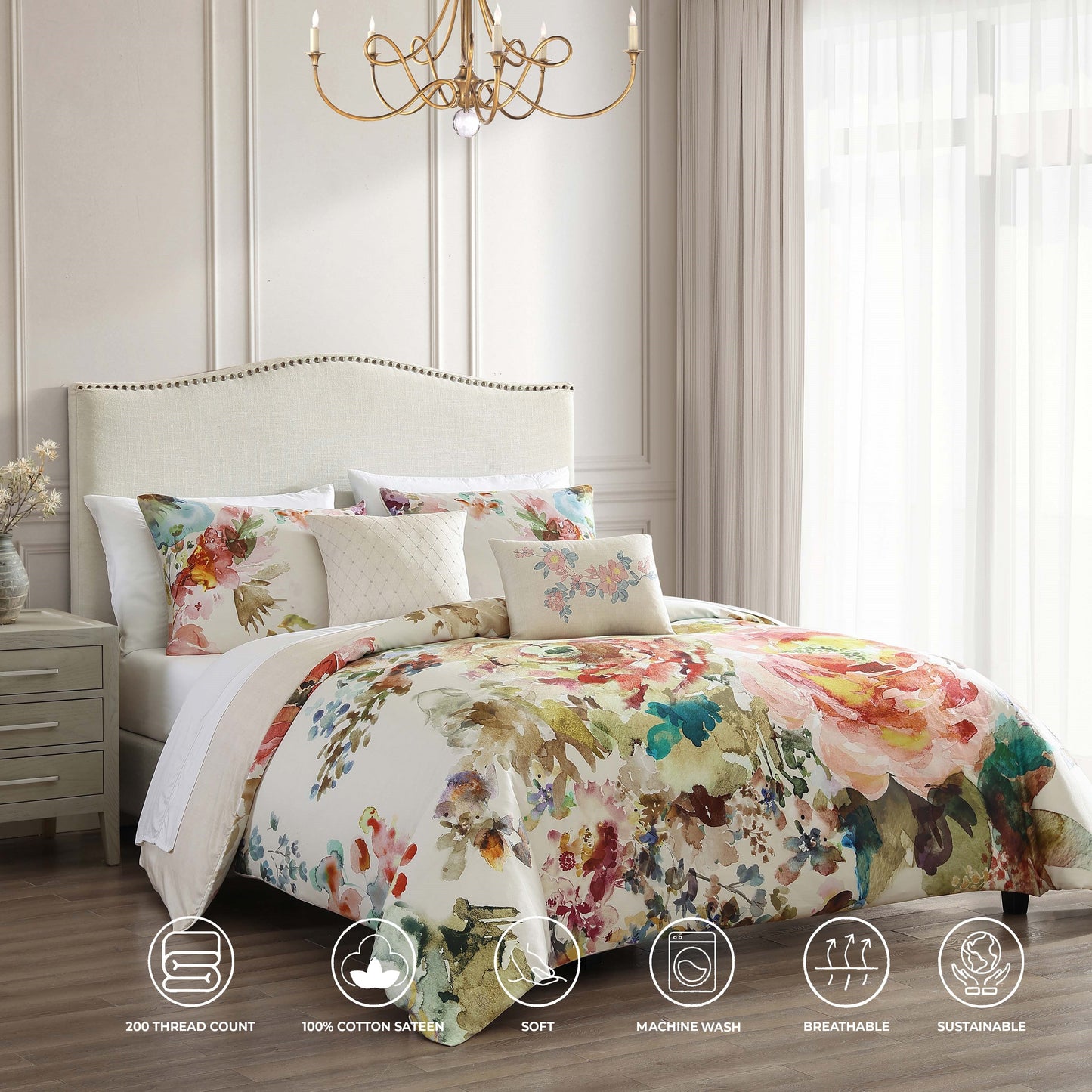 Bebejan Antique Flowers Ivory 100% Cotton 5-Piece Reversible Comforter Set