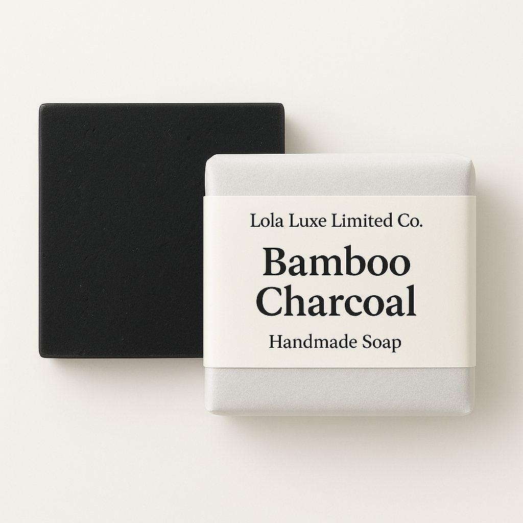 Bamboo Charcoal handmade soap with a black packaging box on a white background