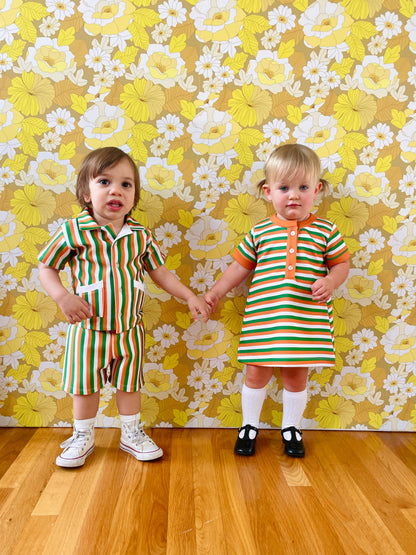 Girls Shift Dress - Green/Orange/White Stripe