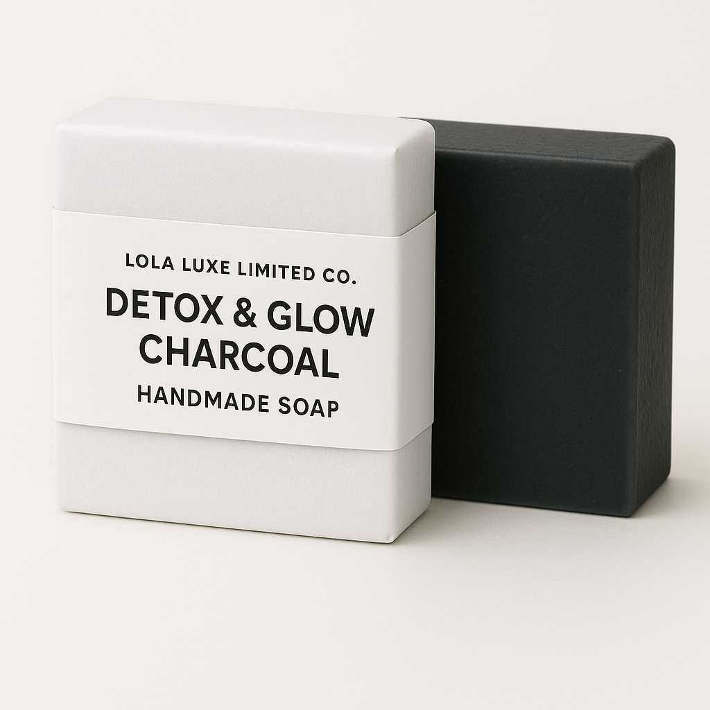 Black soap bar next to a white box labeled 'Detox & Glow Charcoal Handmade Soap' by Lola Luxe Limited Co. on a white background.