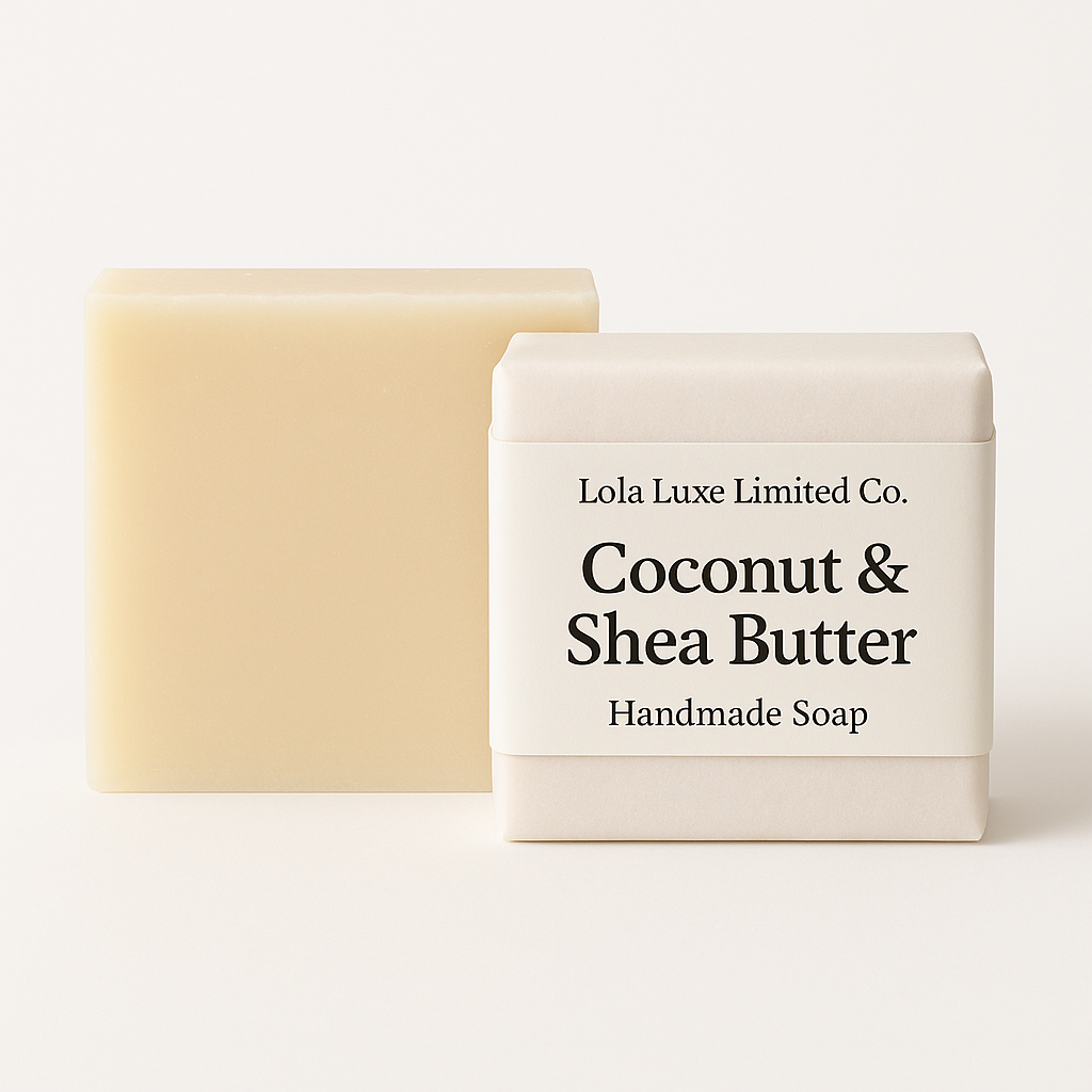 Bar of coconut and shea butter soap with packaging on a white background