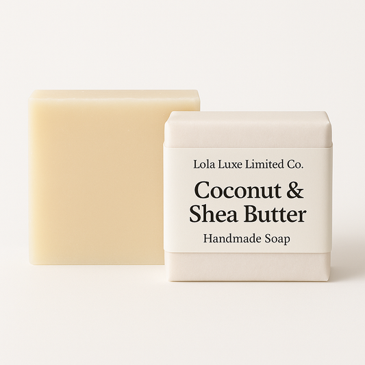 Bar of coconut and shea butter soap with packaging on a white background