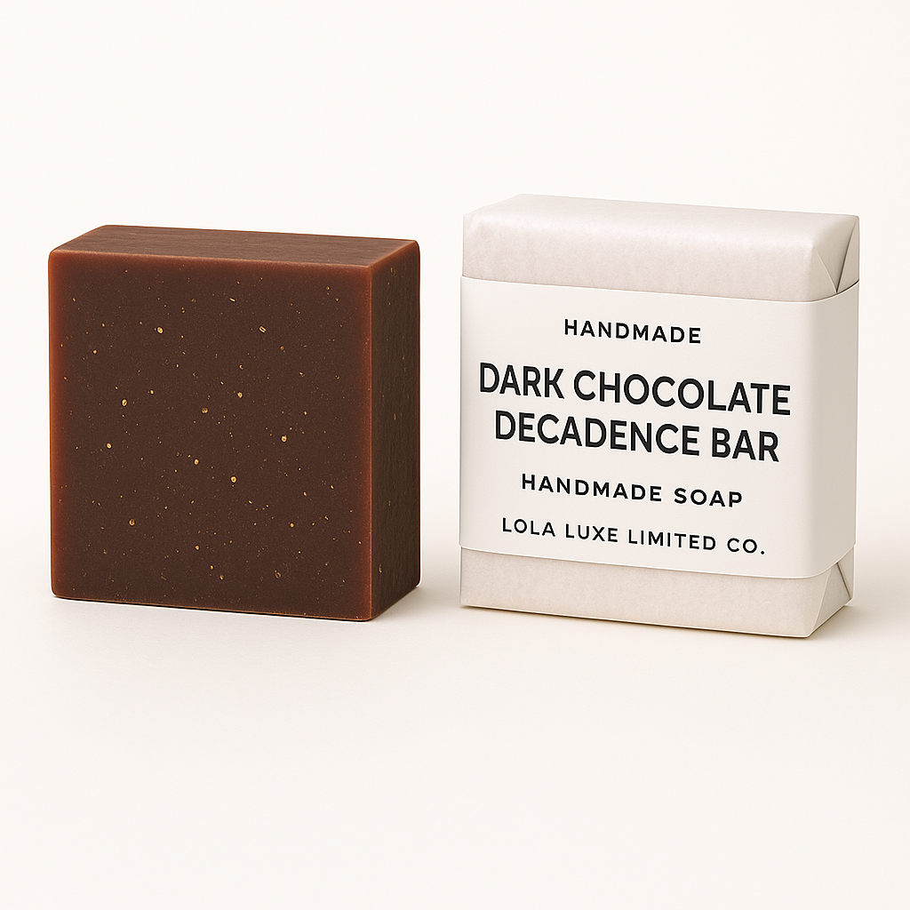 Dark chocolate decadence bar soap next to its packaging on a white background