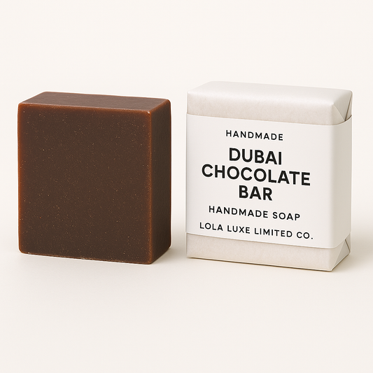 Handmade Dubai Chocolate Bar soap next to its packaging on a white background