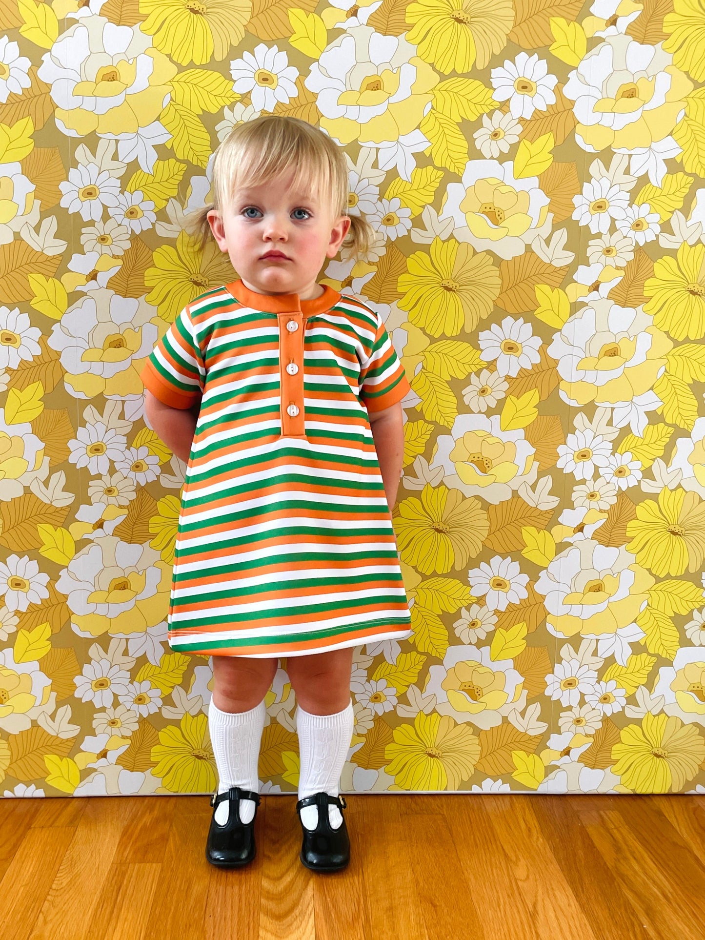 Girls Shift Dress - Green/Orange/White Stripe