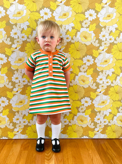 Girls Shift Dress - Green/Orange/White Stripe