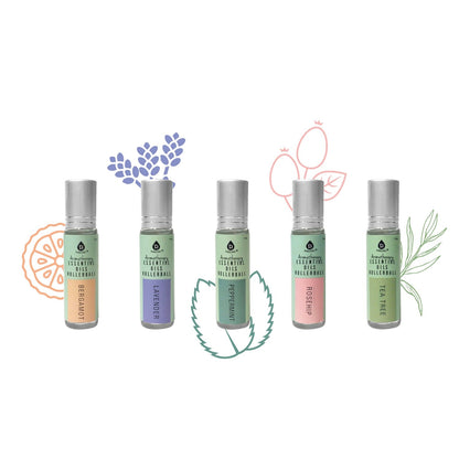 Aromatherapy Essential Oils Rollerballs (Bergamot, Lavender, Peppermint, Rosehip, Tea Tree)