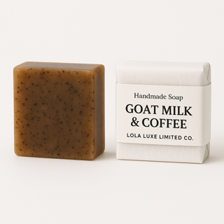 Bar of soap and its packaging labeled 'Goat Milk & Coffee' by Lola Luxe Limited Co on a white background