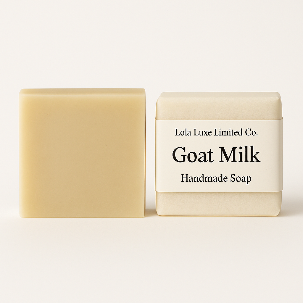 Goat milk handmade soap with packaging labeled 'Lola Luxe Limited Co.' on a white background