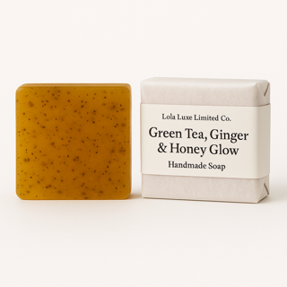 Handmade soap bar with packaging labeled 'Green Tea, Ginger & Honey Glow' on a white background