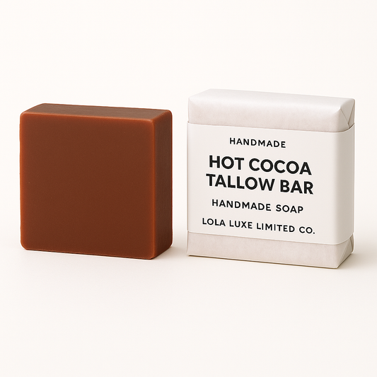 Brown soap bar next to its packaging on a white background