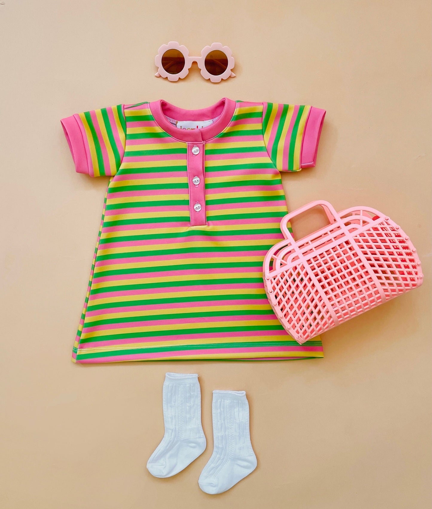 Girls Shift Dress - Green/Pink/Yellow Stripe