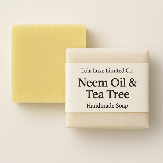 Yellow bar of soap with a white label on a beige background