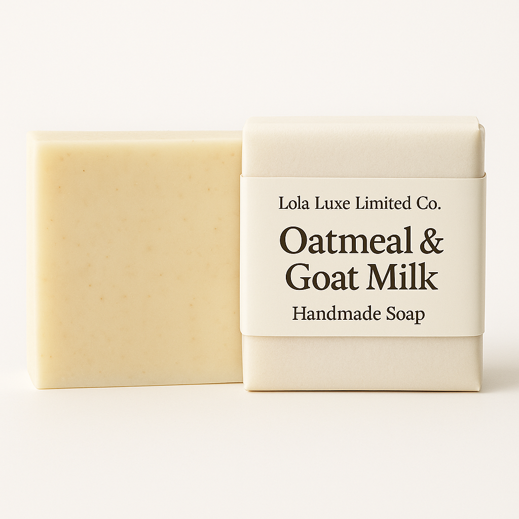 Oatmeal & Goat Milk handmade soap with packaging on a white background