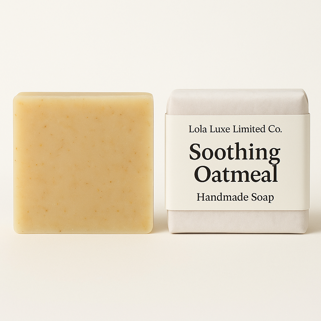 Handmade oatmeal soap bar with packaging on a white background