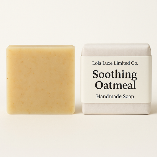 Handmade oatmeal soap bar with packaging on a white background